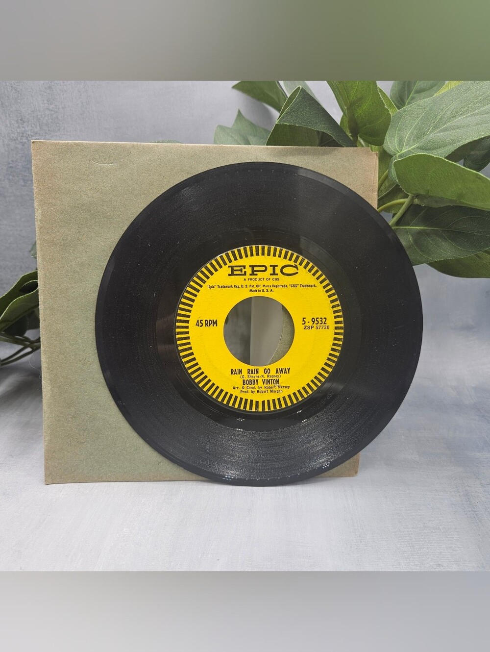 vintage 7-inch 45 RPM vinyl single for "Rain Rain Go Away" by artist Bobby Vinto